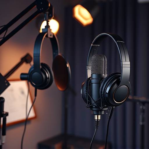 Equipamentos de est√ºdio de dublagem, incluindo fones de ouvido e microfone